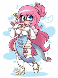 Size: 1520x2048 | Tagged: safe, artist:befishproductions, derpibooru import, oc, oc:fluffle puff, unofficial characters only, human, beidou (genshin impact), breasts, clothes, commission, cosplay, costume, eye clipping through hair, female, genshin impact, glasses, heart, heart eyes, high heels, humanized, humanized oc, image, jpeg, shoes, simple background, socks, solo, stockings, thigh highs, white background, wingding eyes