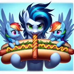 Size: 1024x1024 | Tagged: safe, ai content, derpibooru import, machine learning generated, prompter:*rainbow dash*, rainbow dash, soarin', clone, food, generator:bing image creator, hot dog, image, jpeg, meat, not salmon, ponies eating meat, sausage, wat, what has science done