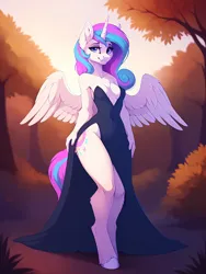 Size: 2304x3072 | Tagged: suggestive, ai content, derpibooru import, machine learning generated, stable diffusion, princess flurry heart, alicorn, anthro, unguligrade anthro, absolute cleavage, autumn, bedroom eyes, belly button, breasts, busty princess flurry heart, cleavage, clothes, dress, ear fluff, female, forest, full body, g4, generator:easyfluff v11.2, horn, image, jpeg, long legs, looking at you, nature, older, older flurry heart, outdoors, prompter:frostru, reasonably sized breasts, seductive, seductive look, sexy, side slit, smiling, smiling at you, solo, solo female, spread wings, stupid sexy princess flurry heart, tall, total sideslit, tree, wings