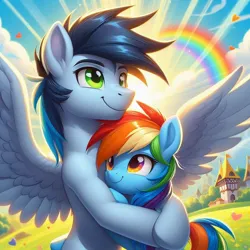 Size: 1024x1024 | Tagged: safe, ai content, derpibooru import, prompter:*rainbow dash*, rainbow dash, soarin', female, generator:bing image creator, hug, image, jpeg, male, rainbow, shipping, soarindash, straight, sun