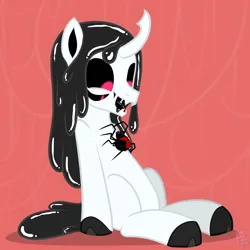 Size: 3000x3000 | Tagged: safe, artist:ponykittenboi, derpibooru import, oc, oc:neeble, black widow, goo, monster pony, original species, spider, black sclera, cloven hooves, commission, cute, gooey, happy, horn, image, looking at something, male, multiple eyes, open mouth, png, red eyes, show accurate, simple background, sitting, spider web, watermark