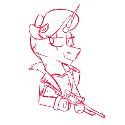 Size: 900x900 | Tagged: safe, artist:fuckomcfuck, derpibooru import, rarity, pony, unicorn, clothes, cracked horn, derpibooru exclusive, gun, horn, image, jacket, leather, leather jacket, png, scar, simple background, sniper, solo, the trotting dead, torn clothes, weapon, white background