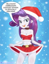 Size: 3090x4000 | Tagged: suggestive, artist:dieart77, derpibooru import, rarity, human, equestria girls, 2d, belly button, belt, belt buckle, blue background, breasts, busty rarity, christmas, cleavage, clothes, collar, commission, costume, dialogue, eyeshadow, female, hat, holiday, image, jpeg, looking at you, makeup, midriff, open mouth, patreon, patreon logo, santa costume, santa hat, simple background, skirt, sleeveless, smiling, smiling at you, snow, solo, word bubble