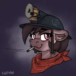 Size: 1276x1274 | Tagged: safe, artist:reddthebat, derpibooru import, oc, oc:number nine, earth pony, pony, bandana, bust, cigarette, eyebrows, eyebrows visible through hair, female, floppy ears, headlamp, helmet, image, lidded eyes, looking at you, mare, mining helmet, png, signature, smiling, smiling at you, smoking, solo