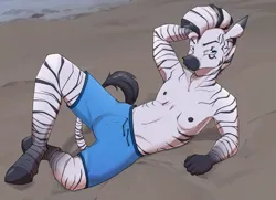 Size: 2487x1804 | Tagged: suggestive, alternate version, artist:luxsimx, oc, oc:kona, unofficial characters only, anthro, pony, unguligrade anthro, zebra, barely pony related, bbc, beach, bedroom eyes, belly button, clothes, hooves, image, lying down, male, male nipples, mane, nipples, nudity, partial nudity, png, shorts, smiling, solo, solo male, stallion, tail