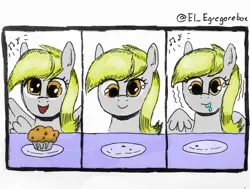 Size: 1898x1438 | Tagged: safe, artist:gorebox, derpibooru import, derpy hooves, pegasus, colored, comic, drool on face, food, image, ink drawing, jpeg, muffin, pavlov, psychology, solo, traditional art