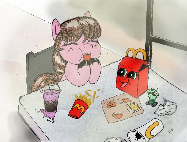 Size: 1971x1489 | Tagged: safe, artist:gorebox, derpibooru import, unnamed character, unnamed pony, pony, chicken meat, chicken nugget, colored, drink, eating, food, french fries, grimace shake, happy meal, image, jpeg, mcdonald's, meat, meme, numget, pen drawing, soda, toy, traditional art