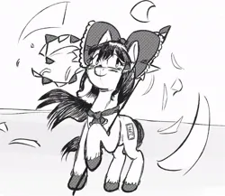 Size: 936x813 | Tagged: safe, artist:gorebox, derpibooru import, earth pony, ascot, black and white, bow, crossover, digital art, fetlock tuft, grayscale, hair bow, image, jpeg, miko, monochrome, reimu hakurei, staff, touhou