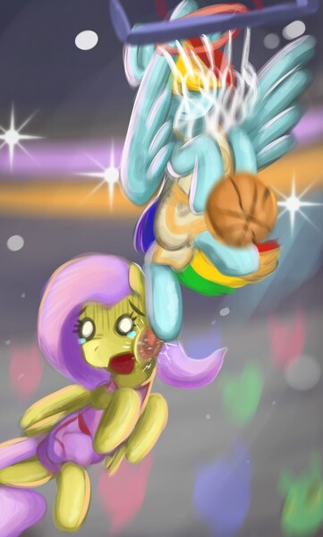 Size: 828x1378 | Tagged: safe, artist:gorebox, derpibooru import, fluttershy, rainbow dash, pegasus, basketball, digital art, image, jpeg, kick, slam dunk, sports