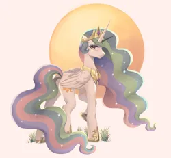 Size: 2420x2240 | Tagged: safe, artist:ghoasthead, derpibooru import, princess celestia, alicorn, pony, aside glance, butt, concave belly, crown, female, flowing mane, folded wings, g4, high res, horn, image, jewelry, long horn, looking at you, mare, peytral, plot, png, raised hoof, regalia, sideways glance, simple background, smiling, smiling at you, solo, standing, sun, white background, wings
