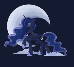 Size: 2520x2310 | Tagged: safe, artist:ghoasthead, derpibooru import, princess luna, alicorn, pony, blue background, cloud, concave belly, crescent moon, female, folded wings, g4, high res, image, lidded eyes, looking at you, mare, moon, png, raised hoof, simple background, smiling, smiling at you, wings