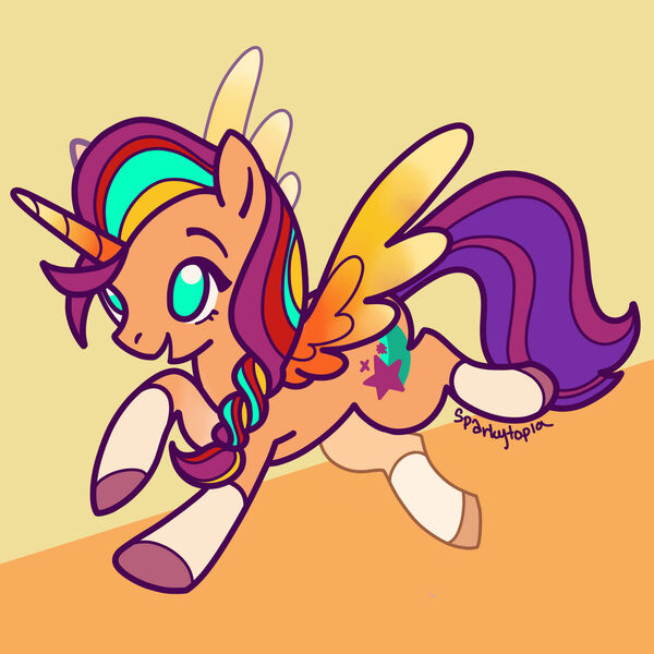 Size: 1280x1280 | Tagged: safe, artist:sparkytopia, derpibooru import, sunny starscout, alicorn, pony, g5, my little pony: a new generation, doodle, female, flying, image, jpeg, mare, race swap, signature, simple background, solo, sunnycorn