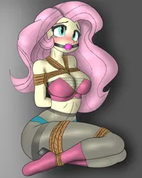 Size: 2880x3600 | Tagged: suggestive, alternate version, artist:furgagtape, derpibooru import, fluttershy, human, equestria girls, ballgag, blushing, bondage, bound, bound and gagged, breast bondage, breasts, busty fluttershy, clothes, damsel in distress, female, femsub, fluttersub, gag, high res, image, pantyhose, png, rope, rope bondage, solo, solo female, submissive, teary eyes, text