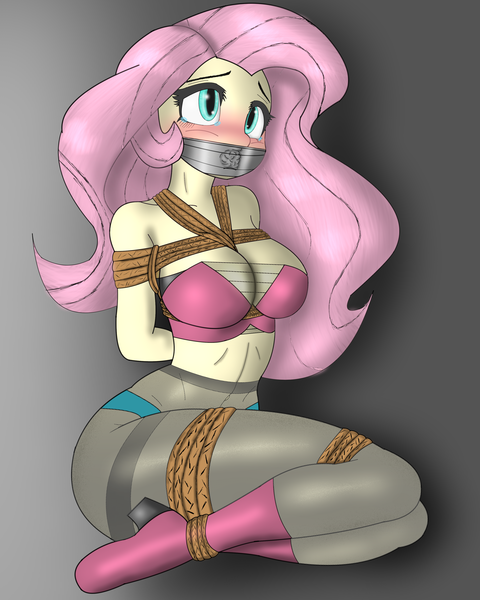 Size: 2880x3600 | Tagged: suggestive, alternate version, artist:furgagtape, derpibooru import, fluttershy, human, equestria girls, blushing, bondage, bound, bound and gagged, breast bondage, breasts, busty fluttershy, clothes, damsel in distress, female, femsub, fluttersub, gag, high res, image, pantyhose, png, rope, rope bondage, solo, solo female, submissive, tape, tape gag, teary eyes, text