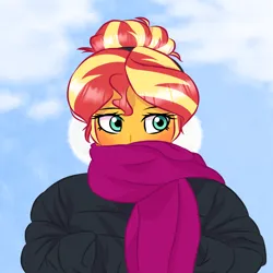 Size: 2000x2000 | Tagged: safe, artist:artevi, derpibooru import, sunset shimmer, human, equestria girls, alternate hairstyle, blushing, bun hairstyle, clothes, cloud, cute, earmuffs, female, image, jacket, png, scarf, solo, winter