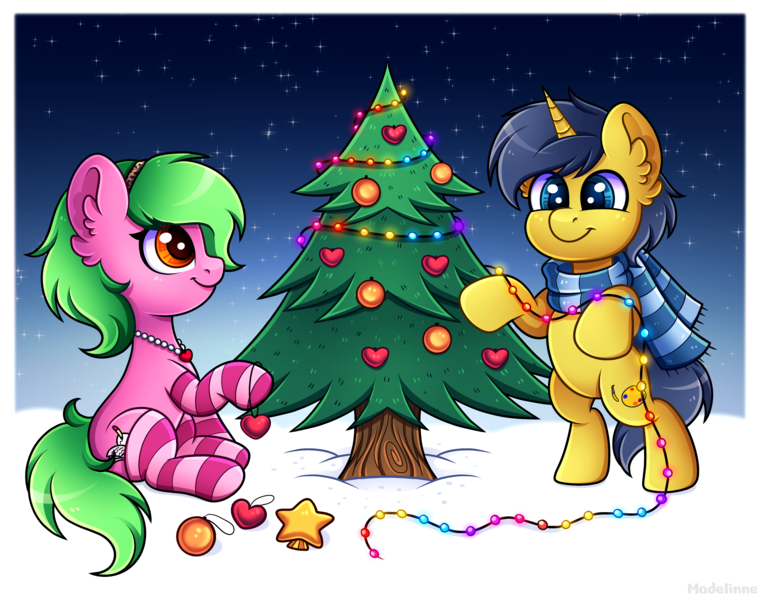 Size: 3234x2548 | Tagged: safe, artist:madelinne, derpibooru import, oc, unofficial characters only, earth pony, unicorn, christmas, christmas lights, christmas tree, clothes, duo, earth pony oc, holiday, horn, image, png, scarf, snow, socks, tree, unicorn oc