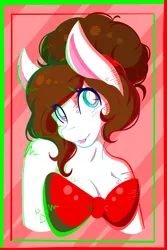Size: 1365x2048 | Tagged: safe, artist:mscolorsplash, derpibooru import, oc, oc:color splash, unofficial characters only, anthro, pegasus, pony, bare shoulder portrait, bare shoulders, border, bow, breasts, bust, busty oc, christmas, cleavage, female, holiday, image, lipstick, looking at you, mare, png, portrait, smiling, smiling at you, solo