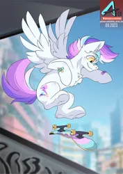 Size: 777x1100 | Tagged: safe, artist:arctic-fox, derpibooru import, oc, unofficial characters only, pegasus, pony, bandaid, chest fluff, concave belly, ear fluff, image, jpeg, outdoors, pegasus oc, skateboard, skateboarding, solo, spread wings, sternocleidomastoid, trick, underhoof, wings