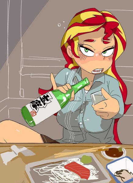 Size: 2000x2750 | Tagged: safe, artist:baigak, derpibooru import, sunset shimmer, human, equestria girls, alcohol, big breasts, blushing, breasts, busty sunset shimmer, chopsticks, drink, drunk, drunk bubbles, food, image, jpeg, looking at you, sake, solo