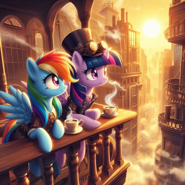 Size: 1024x1024 | Tagged: prompter needed, safe, ai content, derpibooru import, machine learning generated, rainbow dash, twilight sparkle, twilight sparkle (alicorn), alicorn, pegasus, pony, city, cityscape, clothes, column, cup, drink, duo, duo female, female, fog, g4, generator:dall-e 3, goggles, hat, image, jpeg, leaning, looking sideways, mare, railing, spread wings, steam, steampunk, sun, teacup, window, wings, wood