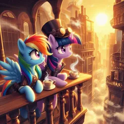 Size: 1024x1024 | Tagged: prompter needed, safe, ai content, derpibooru import, machine learning generated, rainbow dash, twilight sparkle, twilight sparkle (alicorn), alicorn, pegasus, pony, city, cityscape, clothes, column, cup, drink, duo, duo female, female, fog, g4, generator:dall-e 3, goggles, hat, image, jpeg, leaning, looking sideways, mare, railing, spread wings, steam, steampunk, sun, teacup, window, wings, wood