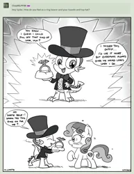 Size: 2550x3300 | Tagged: safe, artist:loreto-arts, derpibooru import, spike, sweetie belle, dragon, pony, unicorn, clothes, hat, image, jewelry, monochrome, png, ring, top hat, tuxedo, winged spike, wings