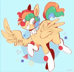 Size: 2467x2416 | Tagged: safe, artist:urbanqhoul, derpibooru import, oc, oc:whimsy, unofficial characters only, pegasus, pony, blue background, clown, eyebrows, eyebrows visible through hair, grin, high res, image, jpeg, light blue background, red nose, simple background, smiling, solo