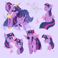 Size: 2048x2048 | Tagged: safe, artist:stinky_bug_, derpibooru import, princess twilight 2.0, twilight sparkle, twilight sparkle (alicorn), alicorn, pony, the last problem, arrow, bust, crown, duality, duo, eyebrows, eyebrows visible through hair, female, g4, glasses, height difference, image, jewelry, jpeg, looking at each other, looking at someone, looking up, mare, older, older twilight, older twilight sparkle (alicorn), purple background, regalia, self paradox, self ponidox, simple background, sitting, spread wings, text, time paradox, wings