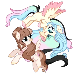 Size: 2500x2500 | Tagged: safe, artist:daisydiamond, derpibooru import, oc, oc:daisydiamond, oc:strawberry milk, unofficial characters only, alicorn, pegasus, pony, derpibooru community collaboration, 2024 community collab, alicorn oc, duo, duo female, female, flying, full body, horn, image, looking at each other, looking at someone, mare, pegasus oc, png, simple background, smiling, smiling at each other, transparent background, wings
