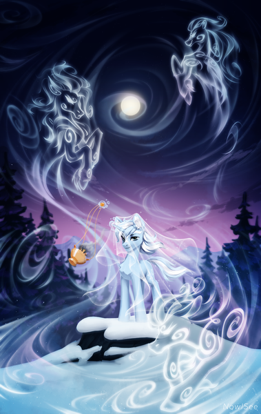 Size: 1200x1900 | Tagged: safe, artist:inowiseei, derpibooru import, ponerpics import, oc, oc:winter seraph, oc:wintertide, unofficial characters only, pony, unicorn, windigo, horn, image, moon, night, png, snow, unicorn oc