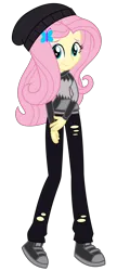 Size: 2400x5570 | Tagged: safe, artist:sketchmcreations, derpibooru import, fluttershy, human, equestria girls, awkward smile, beanie, butterfly hairpin, clothes, cosplay, costume, female, friday night funkin', hair over one eye, hairclip, hat, hoodie, image, looking at you, pants, png, reference, ripped pants, shoes, simple background, smiling, sneakers, torn clothes, transparent background, vector