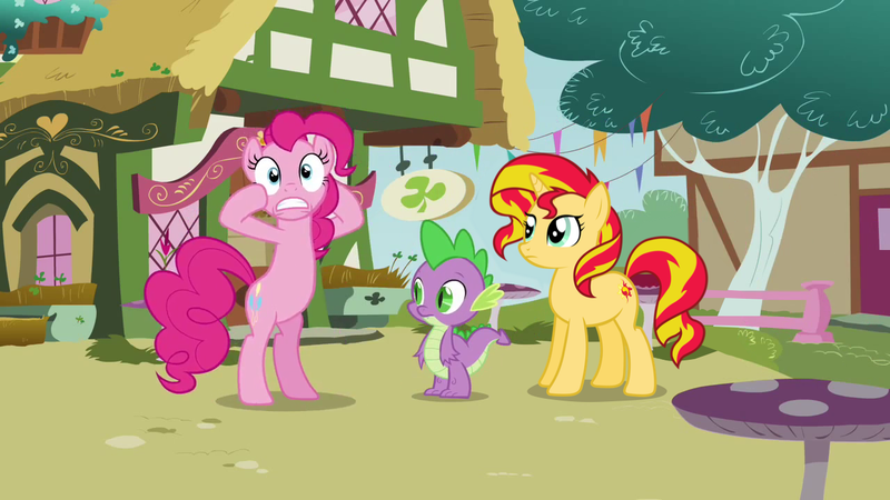 Size: 1280x720 | Tagged: safe, artist:benpictures1, ponerpics import, ponybooru import, pinkie pie, spike, sunset shimmer, dragon, earth pony, unicorn, series:shimmerverse, too many pinkie pies, alternate timeline, alternate universe, cute, diapinkes, image, png, shimmerbetes