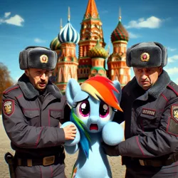 Size: 1024x1024 | Tagged: safe, ai content, derpibooru import, machine learning generated, clear sky, rainbow dash, human, pegasus, pony, arrested, image, irl, jpeg, moscow, nervous, photo, police officer, russia, sad, shocked, sky