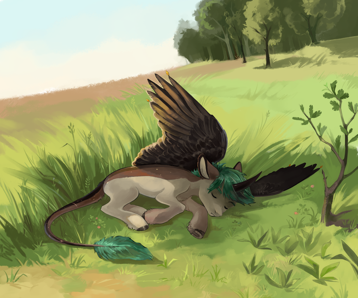 Size: 3000x2500 | Tagged: safe, artist:sivelu, derpibooru import, oc, unofficial characters only, alicorn, pony, curved horn, field, forest, horn, image, leonine tail, lying down, male, nature, png, scenery, sleeping, solo, stallion, tail, tree, unshorn fetlocks
