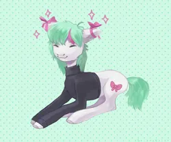 Size: 3000x2500 | Tagged: safe, artist:sivelu, derpibooru import, oc, unofficial characters only, earth pony, pony, abstract background, bow, clothes, image, jpeg, lying down, prone, solo, sweater, turtleneck