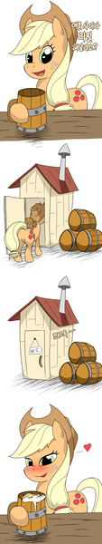 Size: 1536x8192 | Tagged: safe, artist:tstone, derpibooru import, applejack, earth pony, pony, blushing, cider, cider mug, dialogue, floating heart, heart, image, implied urine, korean, looking at you, moon runes, mug, onomatopoeia, outhouse, png, smiling, smiling at you, the implications are horrible, translation request
