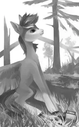 Size: 2000x3200 | Tagged: safe, artist:sivelu, derpibooru import, oc, oc:dot velvet, unofficial characters only, pegasus, pony, black and white, female, forest, grayscale, image, jpeg, mare, monochrome, mug, nature, scenery, solo, spill, tree