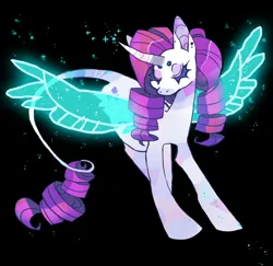 Size: 992x964 | Tagged: safe, artist:cutesykill, derpibooru import, rarity, pony, unicorn, artificial wings, augmented, curved horn, eyes closed, female, horn, image, leonine tail, magic, magic wings, mare, png, solo, stars, tail, wings