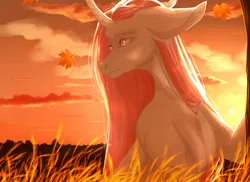 Size: 1100x800 | Tagged: safe, artist:blackberry907, derpibooru import, oc, unofficial characters only, pony, unicorn, autumn, autumn leaves, curved horn, female, horn, image, leaf, leaves, mare, png, solo, sunset