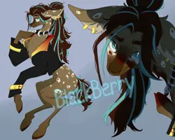 Size: 1280x1024 | Tagged: safe, artist:blackberry907, derpibooru import, oc, unofficial characters only, earth pony, pony, adoptable, blue background, clothes, coat markings, ear piercing, earring, female, image, jacket, jewelry, jpeg, mare, necklace, nose piercing, nose ring, piercing, simple background, watermark