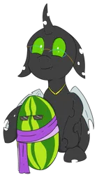 Size: 599x1080 | Tagged: safe, artist:soccy, derpibooru import, oc, oc:éling chang, unofficial characters only, changeling, derpibooru community collaboration, 2024 community collab, clothes, cute, cute little fangs, fangs, food, glasses, holding, image, png, scarf, simple background, sitting, solo, transparent background, watermelon