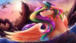 Size: 4800x2700 | Tagged: safe, artist:alzmariowolfe, derpibooru import, princess celestia, alicorn, pegasus, pony, absurd resolution, bubble, canterlot, cloud, crepuscular rays, crown, digital art, ear fluff, ethereal mane, ethereal tail, eyelashes, feather, female, flowing mane, flowing tail, flying, g4, happy, high res, horn, image, jewelry, lake, lidded eyes, looking up, mare, mountain, mountain range, partially submerged, pink eyes, png, regalia, sky, smiling, solo, sparkles, spread wings, starry mane, starry tail, stars, sunlight, sunset, swimming, tail, unshorn fetlocks, water, wings