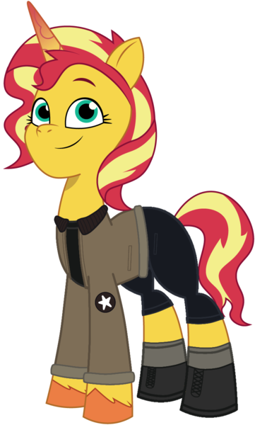 Size: 722x1200 | Tagged: safe, artist:edy_january, artist:prixy05, derpibooru import, edit, vector edit, sunset shimmer, pony, unicorn, g5, my little pony: tell your tale, boots, clothes, denim, girls und panzer, image, jacket, jeans, military, military pony, military uniform, pants, png, saunders, sergeant, sgt. shimmer, shirt, shoes, short pants, simple background, socks, soldier, soldier pony, solo, stockings, thigh highs, transparent background, uniform, united states, vector
