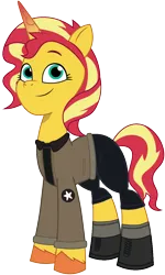 Size: 722x1200 | Tagged: safe, artist:edy_january, artist:prixy05, derpibooru import, edit, vector edit, sunset shimmer, pony, unicorn, g5, my little pony: tell your tale, boots, clothes, denim, girls und panzer, image, jacket, jeans, military, military pony, military uniform, pants, png, saunders, sergeant, sgt. shimmer, shirt, shoes, short pants, simple background, socks, soldier, soldier pony, solo, stockings, thigh highs, transparent background, uniform, united states, vector