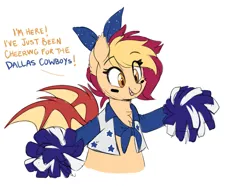 Size: 1137x847 | Tagged: safe, artist:higgly-chan, derpibooru import, oc, oc:pep rally, unofficial characters only, bat pony, pony, american football, arms spread out, bat wings, blouse, bow, bust, cheerleader, cheerleader outfit, clothes, dallas cowboys, eye black (makeup), face paint, female, hair bow, image, nfl, open mouth, png, pom pom, simple background, solo, sports, vest, white background, wings