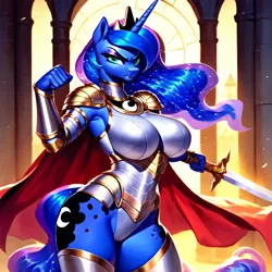 Size: 4096x4096 | Tagged: suggestive, ai content, derpibooru import, machine learning generated, stable diffusion, princess luna, alicorn, anthro, absurd resolution, angry, armor, armored pony, big breasts, breasts, busty princess luna, cape, clothes, curvy, eyeshadow, fantasy class, female, fighting stance, frown, g4, generator:pony diffusion v5, generator:purplesmart.ai, image, jewelry, makeup, mascara, png, prompter:paajbach, regalia, royalty, shiny, solo, solo female, sword, unconvincing armor, weapon, wingless