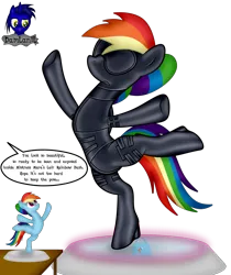 Size: 3840x4569 | Tagged: safe, artist:damlanil, derpibooru import, rainbow dash, pegasus, pony, series:becoming submissive, alternate hairstyle, bdsm, bipedal, blindfold, body control, bodysuit, bondage, bondage mask, boots, bound wings, catsuit, clothes, collar, comic, commission, corset, curse, female, figurine, gag, gimp suit, high heels, hood, image, latex, latex boots, latex suit, living statue, magical bondage, mare, mask, muzzle gag, platform, png, raised hoof, rubber, shiny, shoes, show accurate, simple background, solo, speech bubble, standing, standing on one leg, story, story included, suit, text, transfixed, transparent background, trapped, vector, voodoo, voodoo doll, wings
