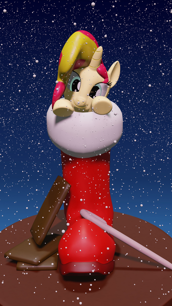 Size: 3240x5760 | Tagged: safe, artist:wissle, derpibooru import, sunset shimmer, pony, unicorn, 3d, absurd resolution, blender, candy, candy cane, cookie, cute, female, food, gradient background, happy, image, jpeg, looking at you, mare, santa boots, smiling, snow, solo