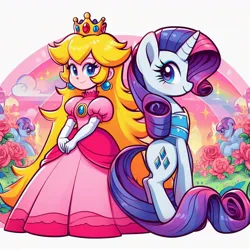 Size: 1024x1024 | Tagged: safe, ai content, artist:user15432, derpibooru import, machine learning generated, rarity, human, pony, unicorn, cloud, crossover, crown, ear piercing, earring, flower, generator:bing image creator, image, jewelry, jpeg, looking at you, piercing, princess peach, rainbow, raripeach, regalia, rose, smiling, sparkles, super mario bros.