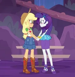 Size: 392x401 | Tagged: safe, derpibooru import, screencap, applejack, rarity, human, equestria girls, blushing, boots, clothes, holding hands, image, jpeg, shipping fuel, shoes, water, waterfall